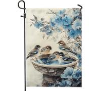 Bandiera da giardino floreale blu primavera ed estate, fontana d'acqua degli uccelli, decorazione del cortile, bandiere da giardino, tela bifacciale, decorazione del prato esterno, 12 x 18 pollici