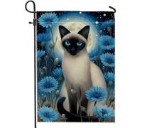 Bandiera da giardino floreale blu, striscione decorativo per la casa con gatto al chiaro di luna, bandiera su entrambi i lati, bandiera da cortile per esterni, decorazione per feste stagionali, 30,5 x