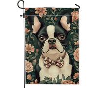 Bandiera da giardino floreale, cane Boston Terrier nero bianco con papillon mimetico, decorazione per la casa, decorazione verticale su entrambi i lati, per tutte le stagioni, 30,5 x 45,7 cm