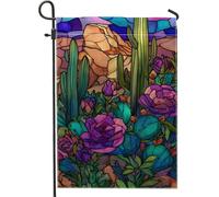 Bandiera da giardino floreale colorata, con rose viola, cactus, decorazione per esterni, bandiera a doppia faccia vibrante per cortile, decorazione per feste primaverili ed estive, 30,5 x 45,7 cm