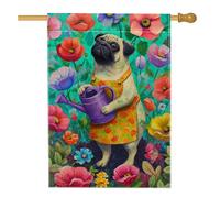 Bandiera da giardino floreale colorata, vivace carlino con annaffiatoio, striscione decorativo per la casa, bandiera da giardino in iuta su entrambi i lati, per decorazione primaverile all'aperto del