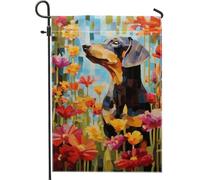 Bandiera da giardino floreale colorata, vivace ritratto di cane, decorazione per esterni, bandiera da cortile su entrambi i lati per primavera ed estate, decorazione da giardino per gli amanti degli