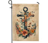 Bandiera da giardino floreale con ancora primaverile ed estate, bandiera arancione con fiori nautici per esterni, bandiera da giardino, bandiera su entrambi i lati in iuta per prato, decorazione per
