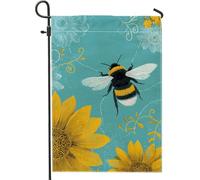Bandiera da giardino floreale con api primaverili ed estive, girasoli gialli e sfondo blu, striscione decorativo per esterni, bandiera da cortile in iuta su entrambi i lati, per feste di vacanza