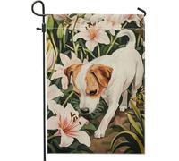 Bandiera da giardino floreale con cane bianco primaverile ed estate, grazioso cucciolo di giglio, decorazione per la casa e il giardino, bandiera da giardino in iuta su entrambi i lati, decorazione