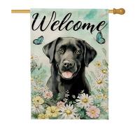 Bandiera da giardino floreale con cane da laboratorio nero, decorazione per la casa primaverile estate con farfalle, striscione decorativo da cortile su entrambi i lati, decorazione per prato esterno