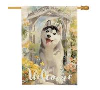 Bandiera da giardino floreale con cani bianchi primaverili ed estivi, striscione di benvenuto con fiori colorati, bandiera da giardino in iuta su entrambi i lati, per decorazione esterna del prato