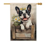 Bandiera da giardino floreale con cani francesi primaverili ed estivi, bandiera da giardino con margherite e fiori bianchi neri per la decorazione della casa e per esterni, bandiera da giardino in