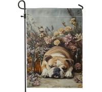 Bandiera da giardino floreale con cani, morbido cane beige e fiori in fiore, striscione decorativo per la casa, bandiera decorativa da cortile su entrambi i lati, per esposizione su prato esterno
