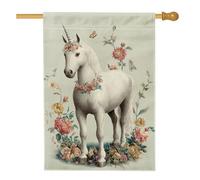 Bandiera da giardino floreale con cavallo magico primaverile, cavallo bianco con fiori farfalla decorazione per esterni, bandiera da giardino in iuta su entrambi i lati, decorazione per prato per