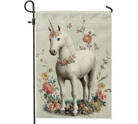 Bandiera da giardino floreale con cavallo magico primaverile, cavallo bianco con fiori farfalla decorazione per esterni, bandiera su entrambi i lati in iuta per cortile decorazione per prato 30,5 x