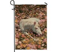 Bandiera da giardino floreale con cavallo magico primaverile ed estate, bianco magico creatura fiori decorazione per la casa, bandiera da giardino in iuta su entrambi i lati, decorazione per prato