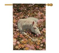 Bandiera da giardino floreale con cavallo magico primaverile ed estate, bianco magico creatura fiori decorazione per la casa, bandiera da giardino in iuta su entrambi i lati, decorazione per prato