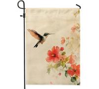 Bandiera da giardino floreale con colibrì, fiori di ibisco beige morbido, striscione decorativo per la casa, bandiera da cortile in iuta su entrambi i lati, decorazione per prato esterno per primavera