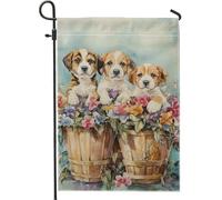 Bandiera da giardino floreale con cuccioli, bandiera colorata per la decorazione della casa del cane, bandiera in iuta su entrambi i lati per la decorazione del prato all'aperto primaverile 30,5 x