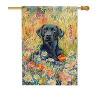 Bandiera da giardino floreale con cucciolo di labrador nero primaverile ed estate, striscione decorativo per la casa, striscione decorativo per la casa, doppio lato, resistente alle intemperie