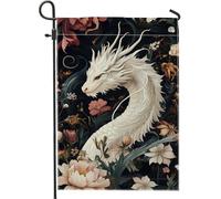 Bandiera da giardino floreale con drago bianco, elegante striscione per esterni con drago e fiori, bandiera decorativa da cortile per primavera estate decorazione per la casa 30,5 x 45,7 cm