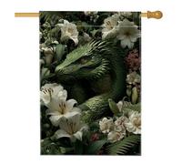 Bandiera da giardino floreale con drago verde, giglio bianco, striscione decorativo per la casa, bandiera da giardino in iuta su entrambi i lati, per la decorazione primaverile all'aperto del prato