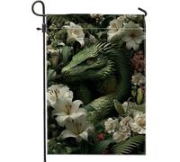 Bandiera da giardino floreale con drago verde, giglio bianco, striscione decorativo per la casa, bandiera da cortile in iuta su entrambi i lati, per la decorazione primaverile del prato all'aperto