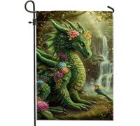 Bandiera da giardino floreale con drago verde primaverile ed estate, decorazione per esterni, bandiera da giardino in iuta su entrambi i lati per decorazione del prato per le vacanze 30,5 x 45,7 cm