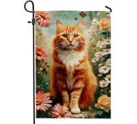 Bandiera da giardino floreale con gatto arancione primaverile ed estate, striscione decorativo per la casa, bandiera da giardino in iuta su entrambi i lati per decorazione esterna del prato 30,5 x