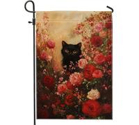 Bandiera da giardino floreale con gatto autunnale, rose rosse, decorazione per la casa da cortile, in iuta su entrambi i lati, decorazione per prato per feste di raccolto all'aperto 30,5 x 45,7 cm