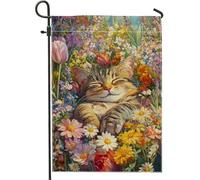 Bandiera da giardino floreale con gatto primaverile e estivo, gattino assonnato nel campo di fiori, bandiere decorative per la casa, bandiera stampata su entrambi i lati, decorazione per prato esterno