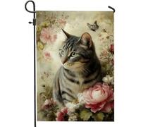 Bandiera da giardino floreale con gatto primaverile ed estate, bandiera grigia con fiori di tabby e farfalle, striscione decorativo per la casa all'aperto, bandiera da giardino in iuta su entrambi i