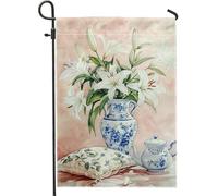 Bandiera da giardino floreale con giglio bianco estivo, vaso di fiori decorativo per la casa, bandiere da cortile, in poliestere su entrambi i lati, decorazione per prato esterno 30,5 x 45,7 cm