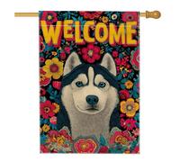 Bandiera da giardino floreale con husky, striscione di benvenuto colorato per cani per decorazione estiva per la casa, decorazione per prato esterno su entrambi i lati, vivace bandiera da cortile per
