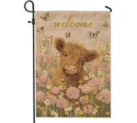 Bandiera da giardino floreale con mucca delle Highland Spring Summer Welcome, fiori di campo giallo pesca farfalla fattoria striscione decorativo, bandiera da giardino in iuta su entrambi i lati