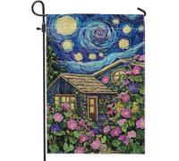 Bandiera da giardino floreale con notte stellata, fiori colorati, decorazione per la casa e il giardino, bandiera da giardino in tessuto su entrambi i lati, decorazione stagionale per esterni, 30,5 x