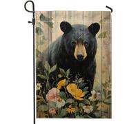 Bandiera da giardino floreale con orso nero, striscione decorativo per la casa, bandiera da giardino in iuta su entrambi i lati, per decorazione autunnale all'aperto del prato, 30,5 x 45,7 cm