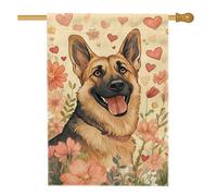 Bandiera da giardino floreale con pastore tedesco, con cuore beige, bandiera decorativa per esterni, in iuta rustica, per gli amanti dei cani, per feste, decorazione per prato, 71 x 101 cm