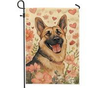 Bandiera da giardino floreale con pastore tedesco, cuore beige, bandiera decorativa per esterni, in iuta rustica, per amanti dei cani, striscione per feste, decorazione per prato, 30,5 x 45,7 cm