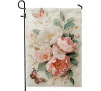Bandiera da giardino floreale con peonia, fiori di pesca primaverili e farfalle, striscione decorativo su entrambi i lati, in iuta, decorazione per casa, prato, 30,5 x 45,7 cm