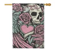 Bandiera da giardino floreale con teschio e cuore, decorazione gotica con rose di pesca, bandiera da cortile su entrambi i lati, decorazione per prato all'aperto, perfetta per Halloween e autunno, 71