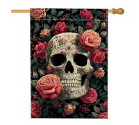 Bandiera da giardino floreale con teschio, rose rosse sfondo nero, striscione decorativo per la casa, bandiera da cortile in iuta su entrambi i lati, decorazione per Halloween, decorazione per prato