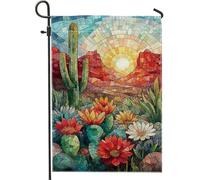 Bandiera da giardino floreale con tramonto nel deserto, mosaico colorato con fiori di cactus per la casa, bandiera su entrambi i lati in iuta da cortile decorazione per prato esterno 30,5 x 45,7 cm