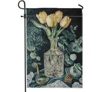 Bandiera da giardino floreale con tulipani gialli primaverili ed estivi, elegante vaso di vetro per fiori, striscione decorativo per la casa, bandiera da cortile in poliestere su entrambi i lati