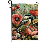 Bandiera da giardino floreale con uccellini primaverili ed estivi, con papaveri colorati, decorazione per la casa e il giardino, bandiera da giardino in iuta su entrambi i lati, decorazione per