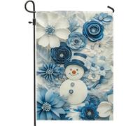 Bandiera da giardino floreale con uomo di neve invernale, design floreale blu per la casa e il giardino, bandiera su entrambi i lati in iuta da cortile per vacanze all'aperto decorazione per prato
