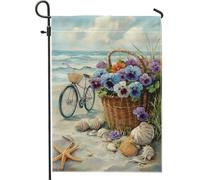 Bandiera da giardino floreale da spiaggia estiva, viola del pensiero biciclette, decorazione per la casa e il giardino, bandiera da giardino in iuta su entrambi i lati, decorazione per prato