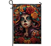 Bandiera da giardino floreale del giorno dei morti, bandiera colorata con teschio di zucchero da donna, striscione decorativo per la casa, bandiera da giardino in iuta su entrambi i lati, decorazione