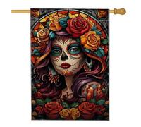 Bandiera da giardino floreale del giorno dei morti, bandiera colorata con teschio di zucchero da donna, striscione decorativo per la casa, bandiera da giardino in iuta su entrambi i lati, decorazione