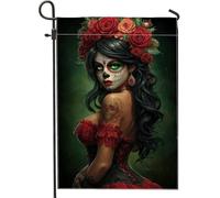 Bandiera da giardino floreale del giorno dei morti, bandiera decorativa per la casa con teschio di rosa rossa, striscione decorativo per la casa, bandiera da giardino in iuta su entrambi i lati