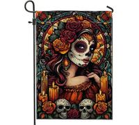 Bandiera da giardino floreale del giorno dei morti, striscione decorativo per la casa con teschio di zucchero colorato, bandiera in iuta su entrambi i lati, decorazione per esterni di Halloween 30,5 x