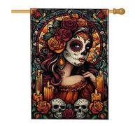 Bandiera da giardino floreale del giorno dei morti, striscione decorativo per la casa con teschio di zucchero colorato, bandiera in iuta su entrambi i lati, decorazione per esterni di Halloween 71 x