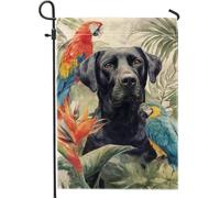 Bandiera da giardino floreale della giungla tropicale, pappagallo colorato e labrador nero, decorazione per la casa da cortile, decorazione stagionale su entrambi i lati per feste primaverili estive