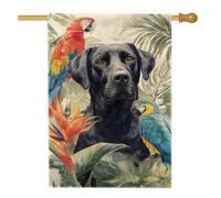 Bandiera da giardino floreale della giungla tropicale, pappagallo colorato e labrador nero, decorazione per la casa da cortile, decorazione stagionale per prato in iuta su entrambi i lati, per feste